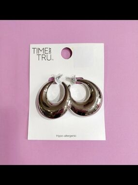 Time and Tru New Big Shiny Silver Chunky Crescent Hoop Earrings